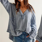 Free People  Bohemian By The Shore Tunic Shirt Indigo Stripe Size Large Coastal Photo 0