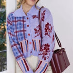 Kut From The Kloth NEW Jacquard Floral Plaid Collared Cardigan Sweater Purple Photo 0