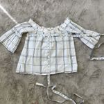 Abercrombie & Fitch Womens White Plaid Off the Shoulder Bell Sleeve Shirt Top XS Photo 3