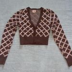 Dreamers Women’s Chocolate Brown Tan Pink Plaid Double Knit Cropped Sweater Cardigan Sz S Photo 1