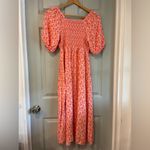 Como vintage  Women's M 100% Rayon Floral Pink Yellow Smocked Short Sleeve Dress Photo 6