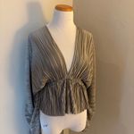 MIOU MUSE NWT Plisse Dolman Sleeve Plunging V Neck Ruched Waist Top Size Small Silver Photo 1