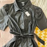 DKNY Black Pleather Button Up Collared Dress Photo 4