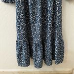 Blue Red Ditsy Floral V Neck Smocked Waist Ruffle Elastic Cuff Midi Dress Photo 4