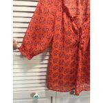 Old Navy Blouse Size XS Orange/Purple Floral Tie/Smocked Neck 1/2 Puff Sl Sheer Photo 4