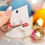 Stunning One Pair‎ of Gold Plated Elegant Pink Rose Bead Ear Studs Earrings Photo 4