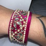 Vintage Velvet Rhinestone and Faux Pearl Cuff Bracelet Pink Photo 1