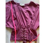Skonhet Women Shirt Tie front corset crop Sz M burgundy Short Sleeve Top casual. Red Size M Photo 5