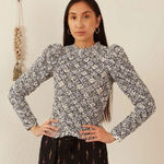 Alix of Bohemia Maisie Domino Smocked Puff Sleeve Top Blue White Floral NWT Sz L Size L Photo 0