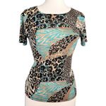 Vintage 90’s Animal Print Top Shirt Blouse Short Sleeve S Small M Medium Blue Photo 3