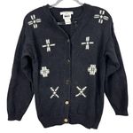 Leslie Fay Vintage Women's Black Cardigan Sweater M Christmas Applique Photo 0