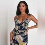 Lulus Flowering Beauty Navy Blue Floral Print Asymmetrical Midi Dress XL NWT Photo 1