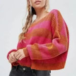 Free People Just My Stripe Sweater Pink Orange Round Neck Cotton Women Sz Xs Photo 0