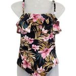 Kona Sol  Black Pink Floral One Piece Swimsuit Chest Ruffle Padded Size Small Photo 0