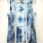 Chico's Chico’s Blue & Cream Sheer Crochet Lace Trim Open Front Lightweight Vest Sz 1/M Photo 0
