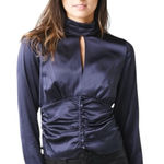 frame denim Frame NWTS Felicity Silk Navy Blue Long Sleeve Button Sleeve Blouse size large Photo 0