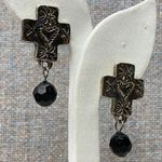 Silver Tone CrosDangle Earrings Black Faceted Bead Drop Religious Grunge Gothic Photo 1