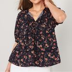Old Navy Puff Sleeve Floral Tiered Swing Blouse Navy Blue Short Sleeve Peasant S Photo 0