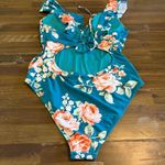 Cupshe  Teal Peach Floral Ruffle V-Neck Lace Up Back Monokini Swimsuit XL Photo 7