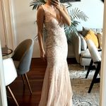 XScape  Lace Maxi V-neck Sleeveless Mermaid Dress Beige Tulle Size 4 Photo 2