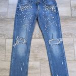 Orfeo Negro Turkey Pearl Embellished Chewed Hem Distressed Girlfriend Jeans Blue Size 27 Photo 0