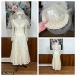 Elegant Vintage 1980s Ivory Lace Tea Length Wedding Gown & Hat Veil! Size 8 Photo 2