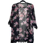 Maurice's  Black White & Pink Floral Print Crochet Trim Kimono Photo 5