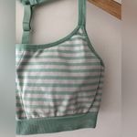 Athleta  Up-Tempo Energy Aqua Blue and White Stripe Seamless Sports Bra Photo 1