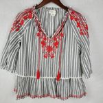 Kate Spade Womens Blouse Size XS Gray Striped Embroidered Tassels Boho Peasant Photo 15