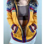 Vtg Y2K Handmade Sz Small Full Zip Hooded Mexican Poncho Boho Sweater Multicolor Yellow Photo 4
