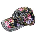 Floral Boss Rhinestone Baseball Cap Hat Black Pink Roses Flowers Bling Photo 2