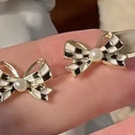 Black & White Bow Pearl Stud Earrings | Coquette Checkered Ribbon Earrings NWT Photo 0