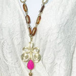 Lilly Pulitzer Boho Lariat Necklace Gold Tone Chain Pink Stone Tassel Pendant Photo 0