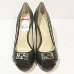 Coach  Aliya Size 6.5 Open Toe Peek Toe Black Leather Stilettos High Heels Logo Photo 1