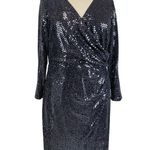 Betsy and Adam Metallic Long Sleeve Sheath Cocktail Dress Size 18W Blue V-Neck Photo 0