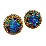 Vintage Peacock Aurora Borealis AB Rhinestone Gold Medallion Costume Earrings Photo 0