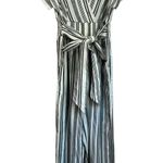 American Eagle Striped Wide Leg Jumpsuit Belted V Neck Cotton Linen Blend Sz M Photo 2