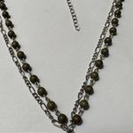 Olive Green & Silver Tone Metal Necklace Double Chain Beaded Adjustable Length Photo 2