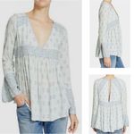 Free People  Rolling Hills Green & White Bell Sleeve V-Neck Blouse with Keyhole Photo 5
