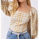 Maeve plaid square neck blouse neutral motif Cropped Puff Sleeve M Cottage Boho Yellow Size M Photo 0