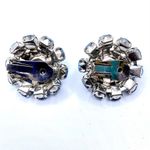Vintage Pin Brooch Earrings Clip On Blue Rhinestone Prong Set Jewelry Set 3pc Photo 1