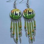 Hand Painted Chandelier Vintage Pierced Earrings Ethnic Llama Cactus 3” African Photo 1