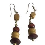 None Vintage Gold Tone Wood Bead Dangle Earrings Hooks Natural Boho Earthy 3" Photo 2