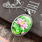 Handmade Pink Lotus Pendant Necklace | Stainless Steel 18” Photo 2