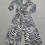 S.DEER Jumpsuit Zebra Print Wide Leg Long Sleeve V Neck Tie Waist One Piece NWT Black Photo 0