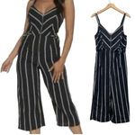 Black & White Buckle V-Neck Zip Front Woven Striped Jumpsuit Black/white size Small Photo 1