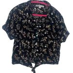 Gypsies & Moondust  Collared Button Up Blouse Tie Front Black Floral Size Large Photo 0
