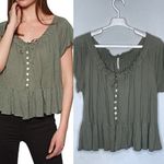 Free People  Charlie Tee Army Green Ruffle Hem Button Front Cropped Size Medium Photo 1