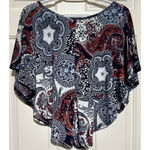 Lavish  Women's‎ Blue White Orangish Color Overlay Blouse Short Sleeve Size M Photo 1