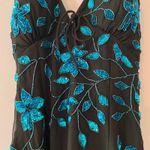 Cache  Y2K Black Blue 100% Silk Beaded Floral Halter Midi Dress Women's size XS Photo 3